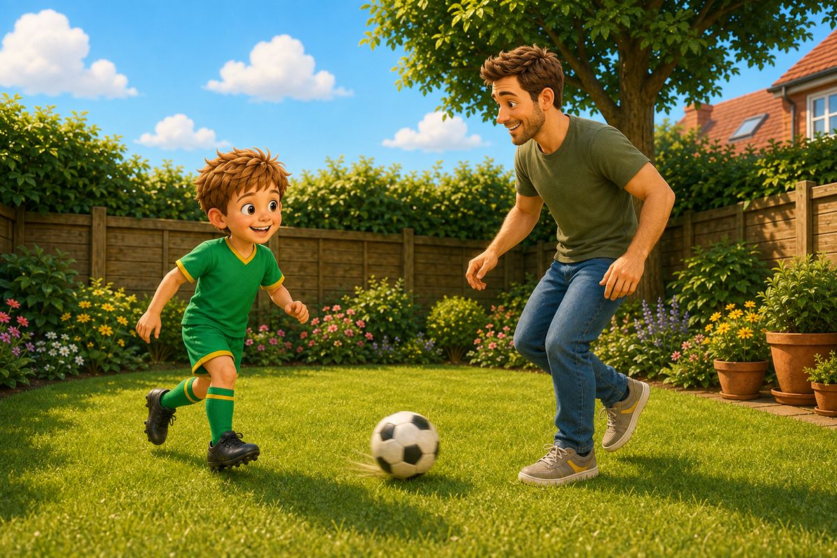 A dad and a boy playing a keep the ball moving football game in a UK back garden, the football rolling along the grass between them and nothing standing still