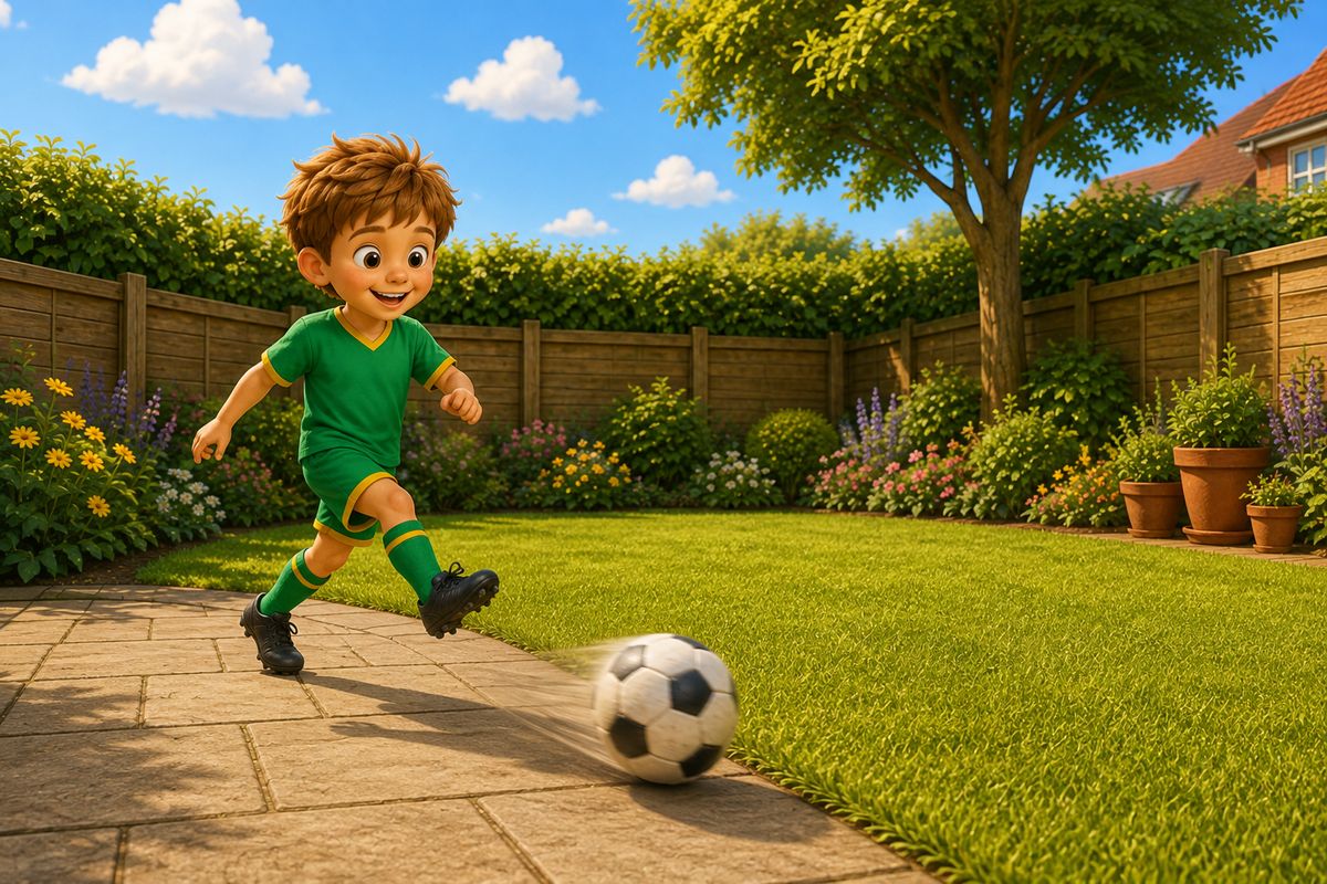 A football rolling quickly across a paved patio right where the paving meets the lawn, with a boy waiting a couple of steps away to play it back