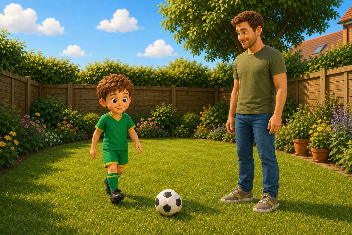 A football sitting still on the grass after coming to a stop, with a boy walking calmly over to start it moving again and a grown-up waiting, relaxed