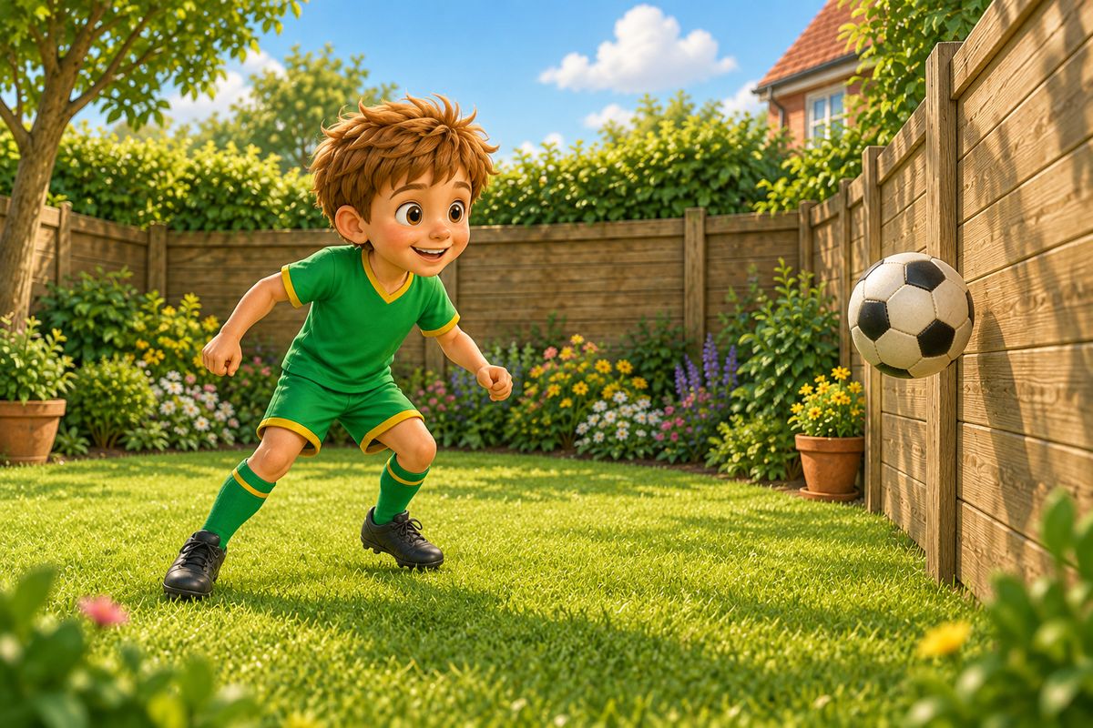 A boy alone with a football mid-challenge against a garden fence in a small UK garden