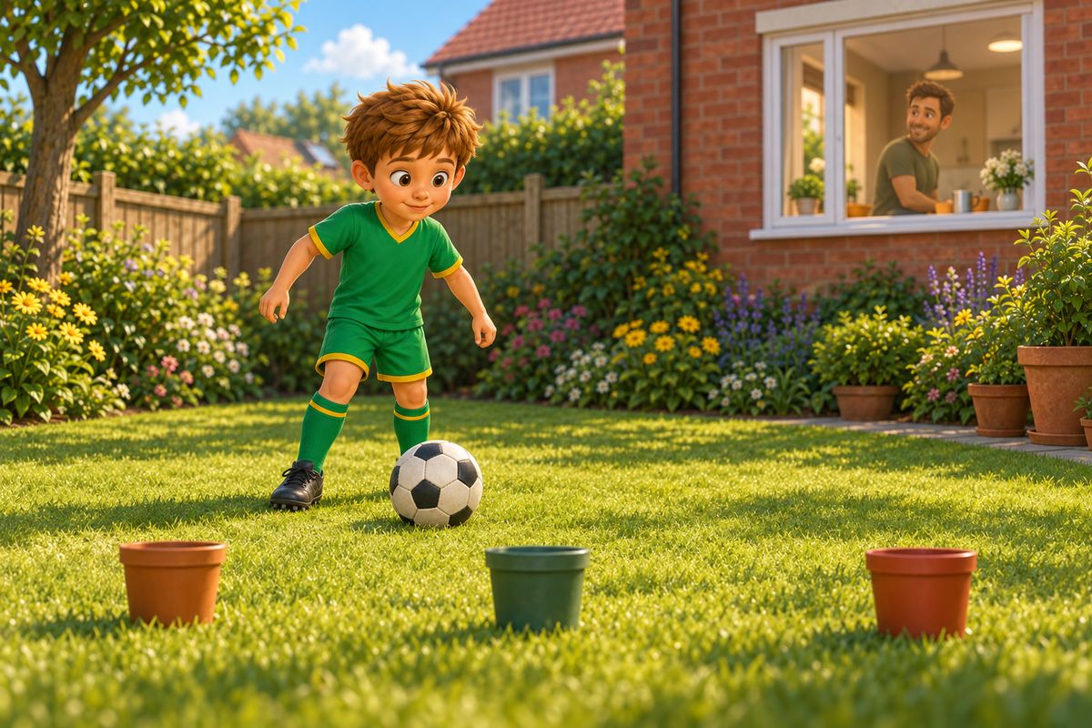 A parent visible nearby in the background while a boy plays a solo football challenge in the garden