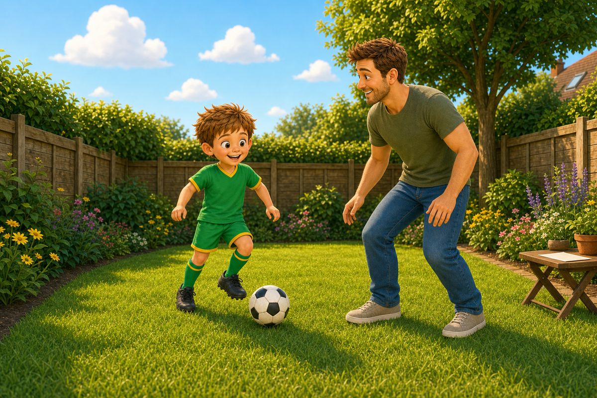 A dad and boy playing football together in a UK back garden on a bright evening, a printed weekly plan resting on a nearby table