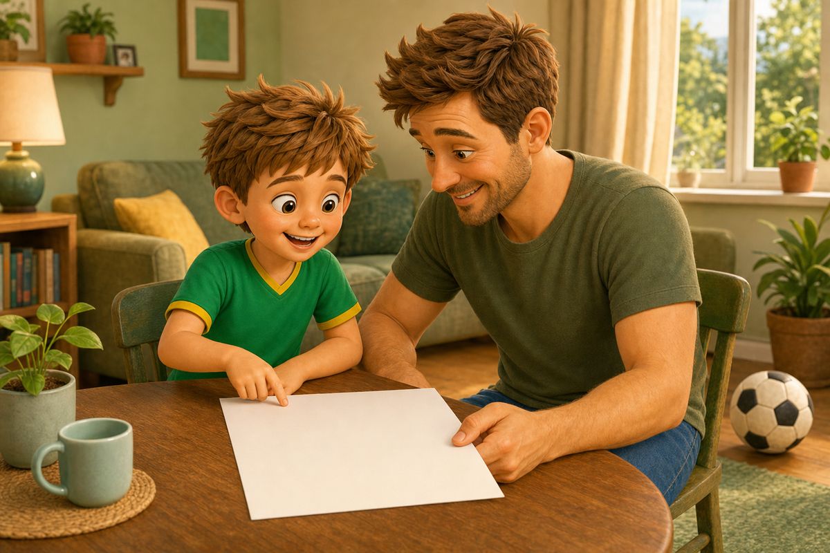 A dad and boy sitting together indoors looking at a simple printed plan, calm and unhurried, football resting nearby