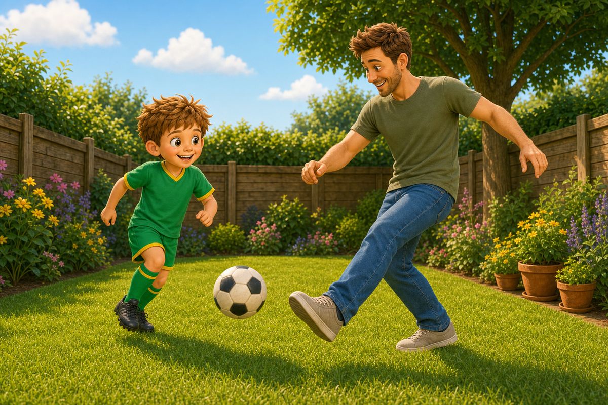 A dad and boy mid-kickabout in a UK garden, a burst of energetic five-minute play, illustrating the 7-Day Challenge in action