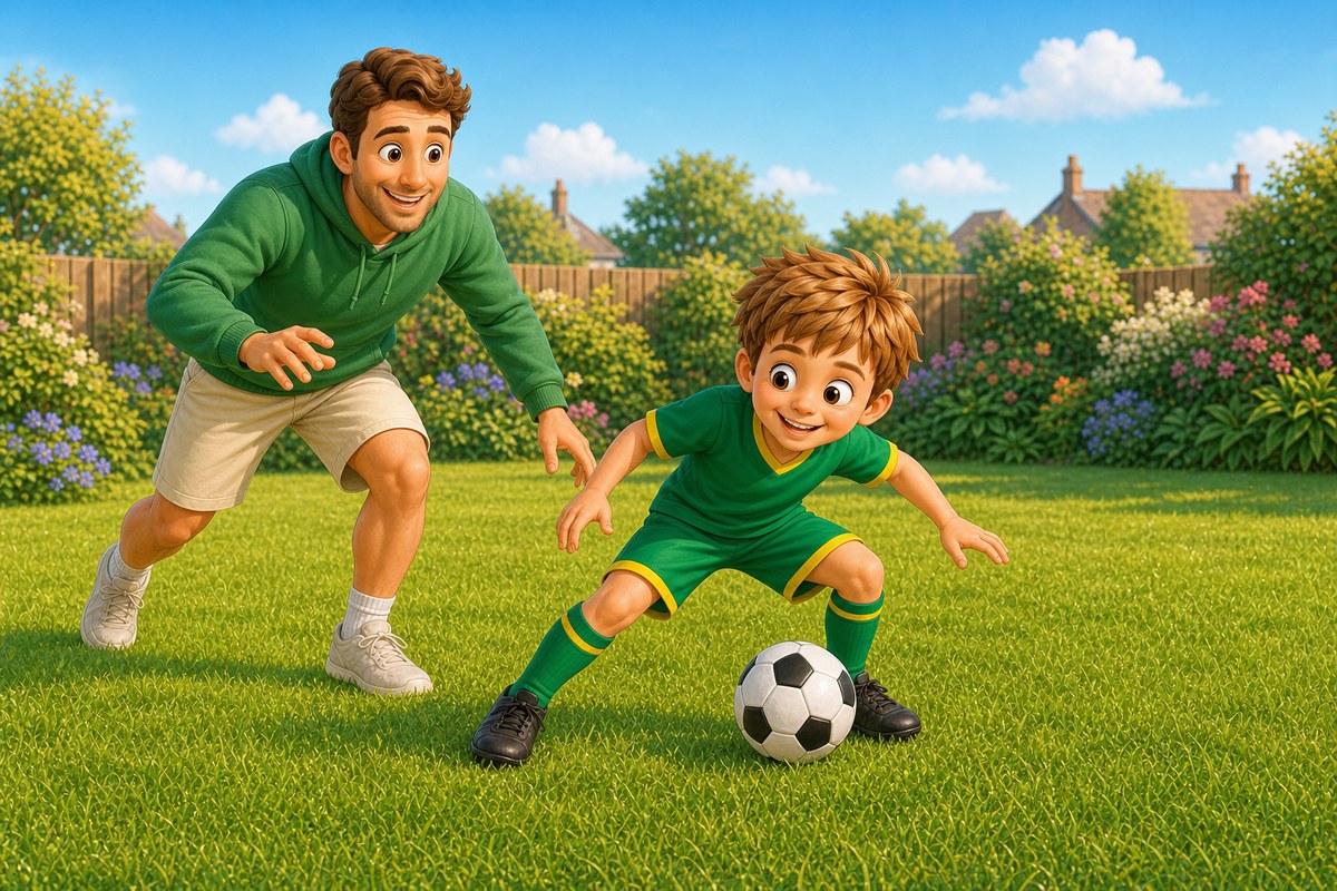 Cartoon boy shielding a football with a proud grin, Dad reaching playfully from a respectful distance