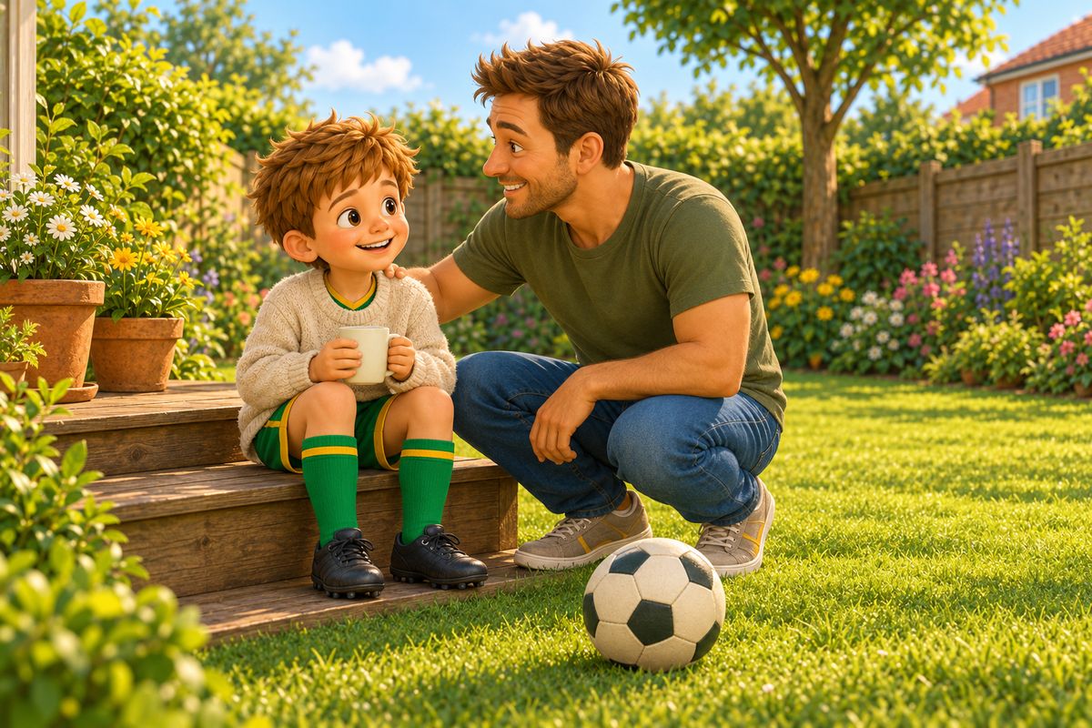 A dad crouches beside a smiling boy in a cosy jumper on a garden back step, a soft ball resting on the grass at their feet.