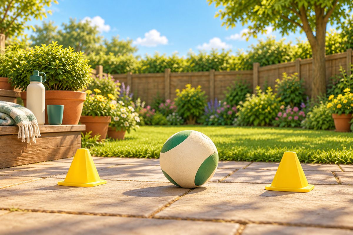 A soft ball between two small yellow cones a few paces apart on a patio, with a water bottle, a cup and a folded blanket on a step.