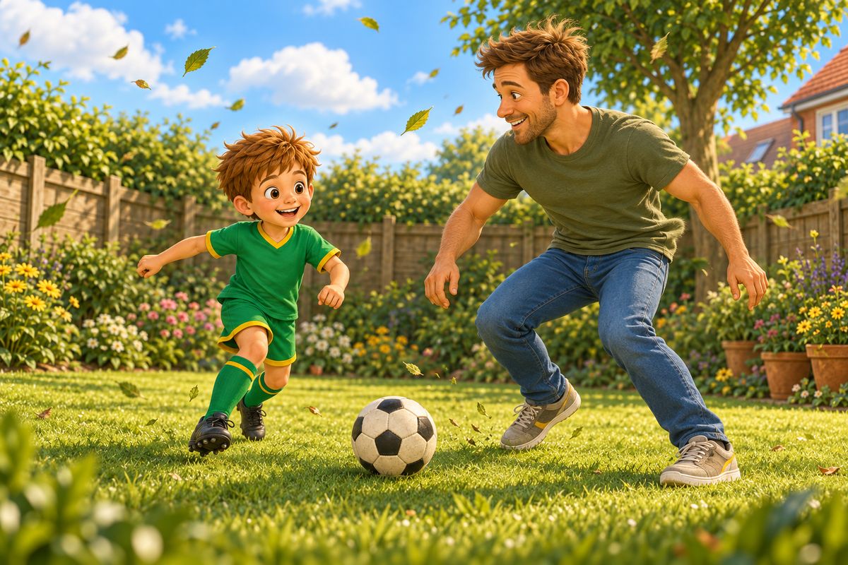 Dad and boy playing a ground-based passing game in a breezy UK garden, hair and loose clothing visibly caught by the wind, leaves mid-flight in the background.