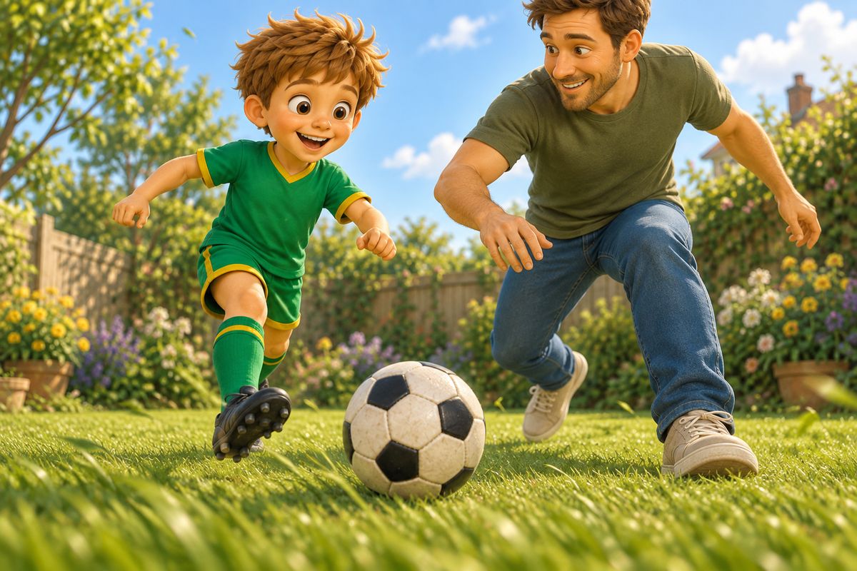 A close view of the football rolling straight along the grass between the two of them despite visibly windy conditions.