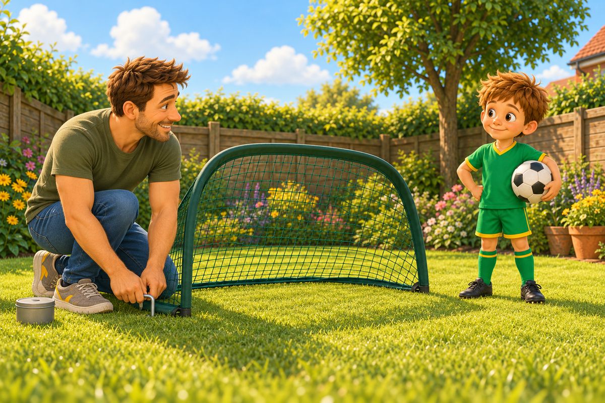 A dad kneels on a garden lawn pressing a peg through the corner loop of a small pop up goal while his boy waits a few steps back with a ball under his arm.