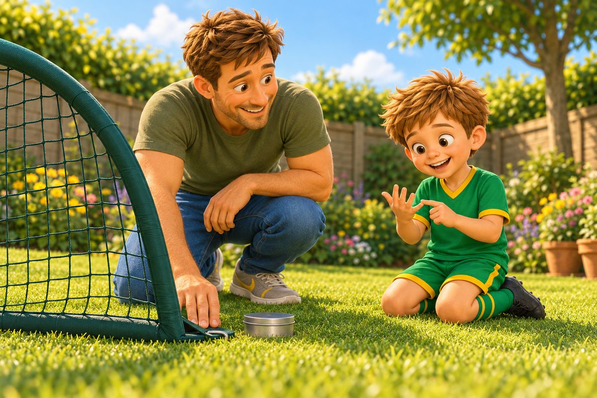 A close, low view of a metal peg pushed fully home through the corner loop of a pop up goal, a dad's hand beside it, a small lidded tin on the grass and his boy counting on his fingers nearby.