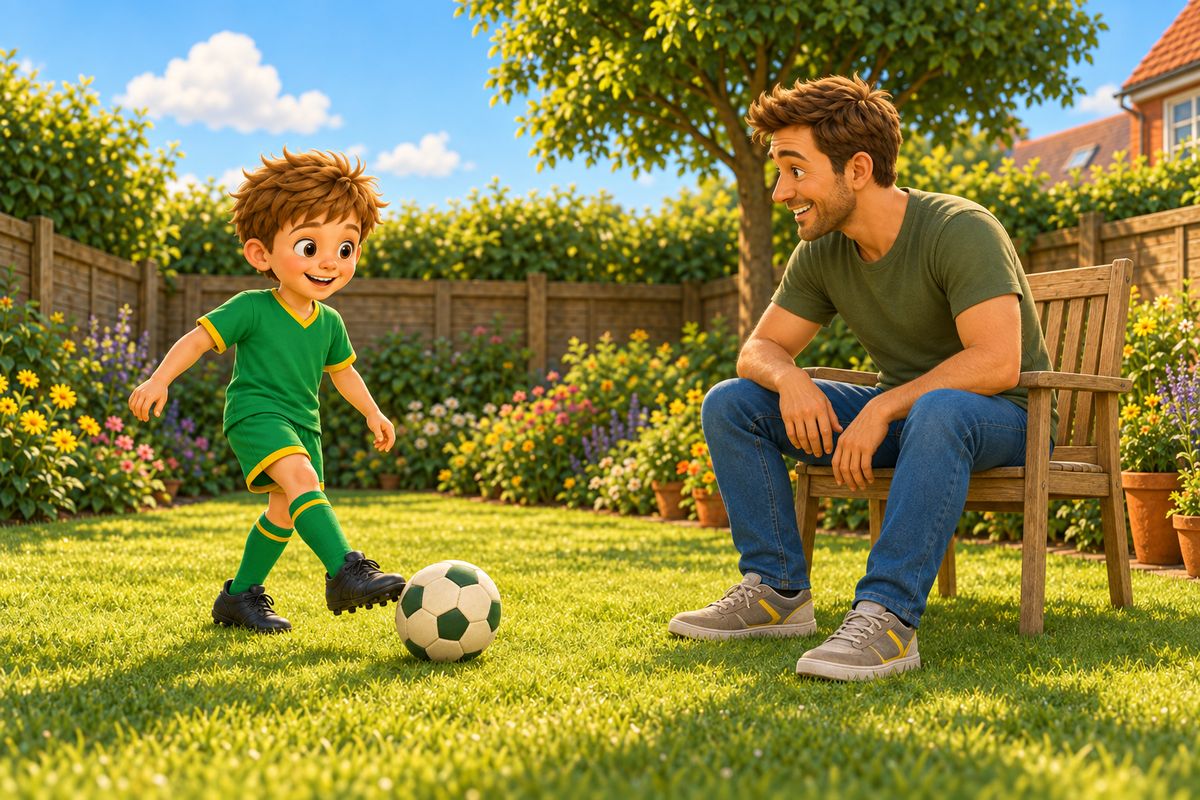 A grown-up sits on a garden chair on the lawn while a boy a few steps away passes a soft ball gently towards their feet.