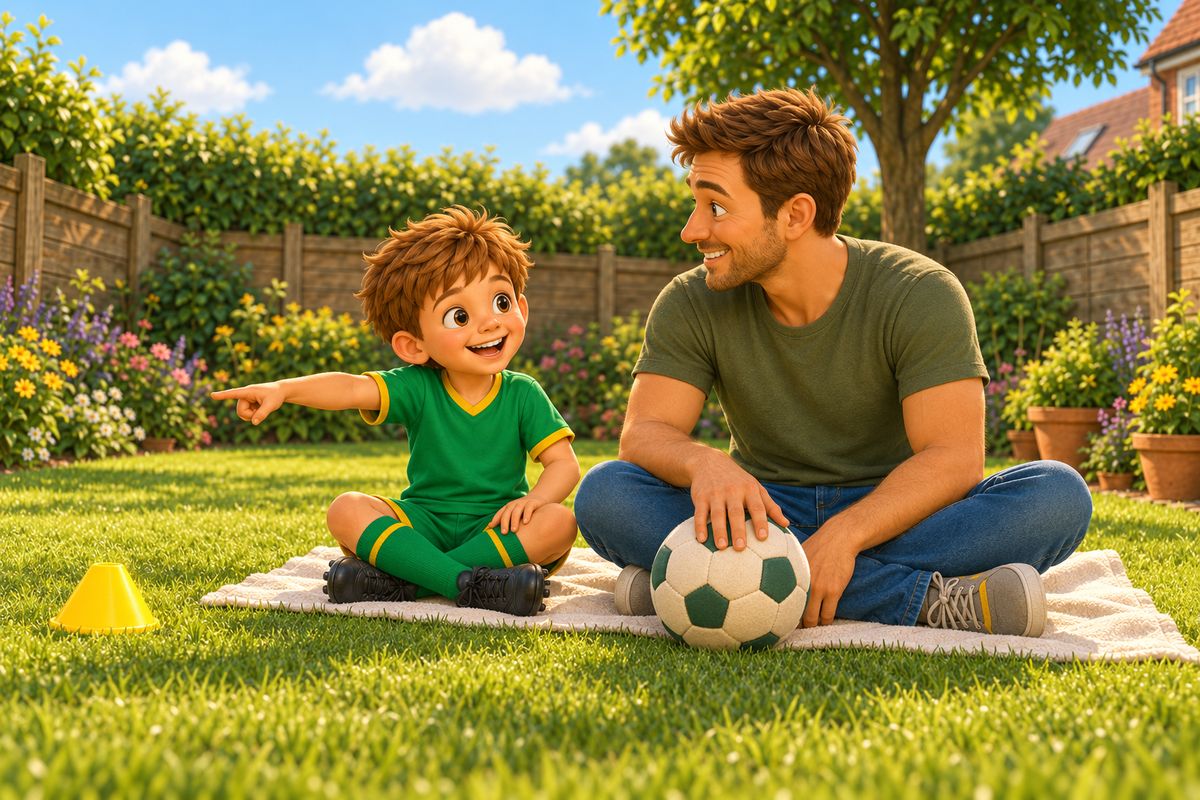 A grown-up and a boy sit side by side on a blanket on the lawn, the boy pointing at a small cone while the grown-up rests a hand on a soft ball.