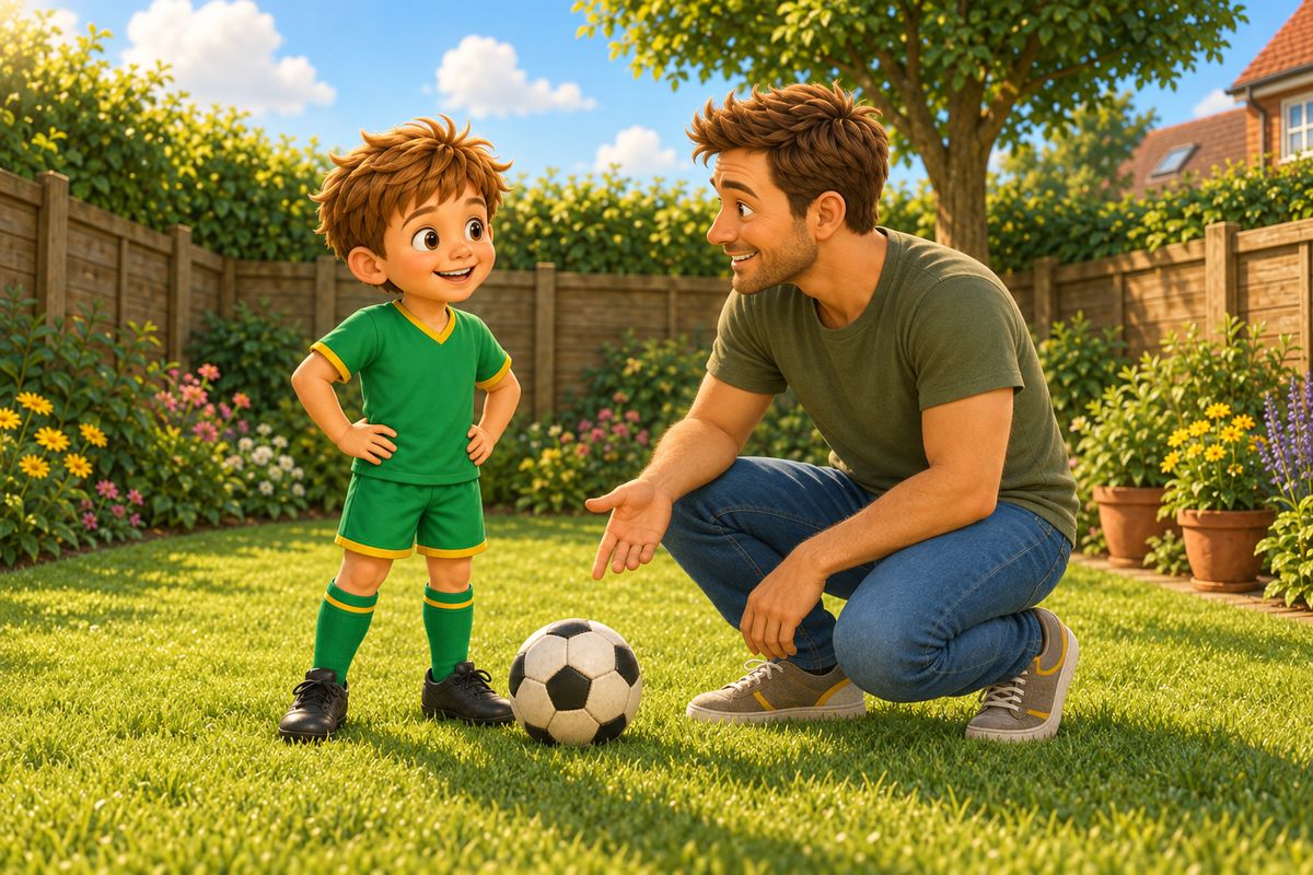 A dad crouched at a boy's eye level in a small UK garden, mid-encouragement, just after the boy has made a good touch on the football.