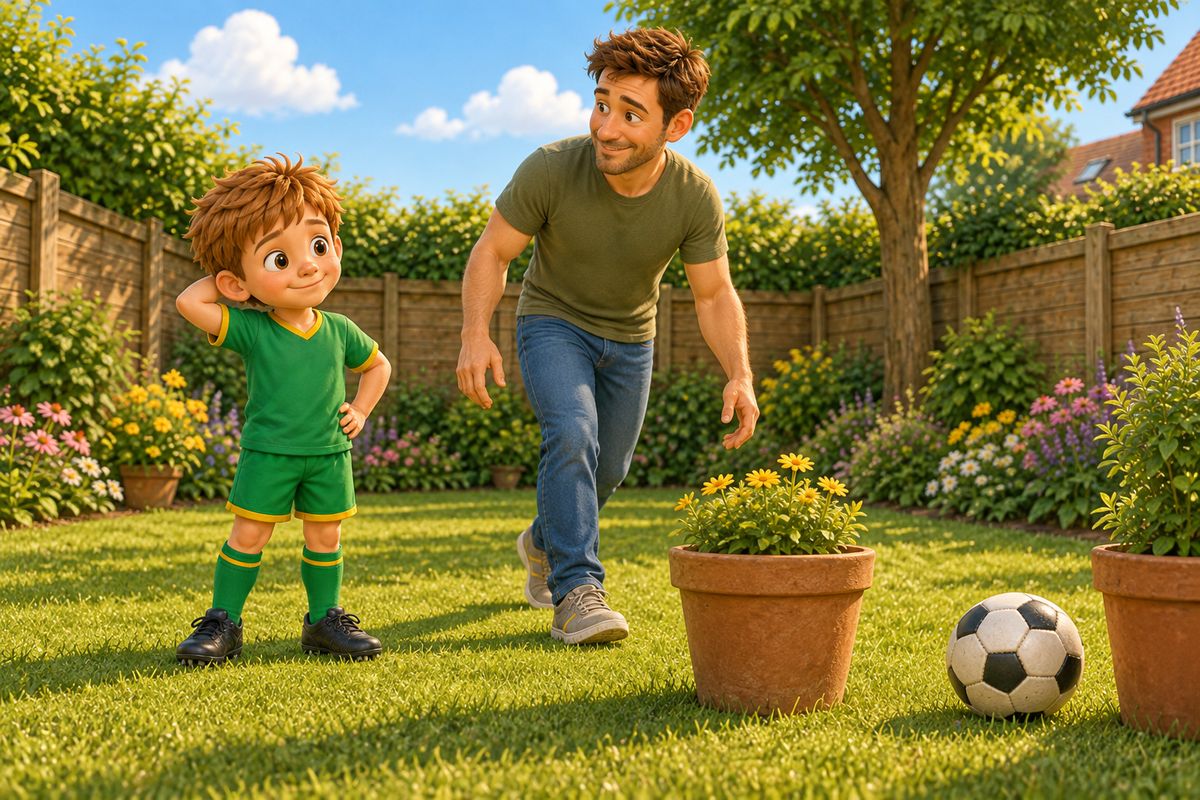 A boy who has just missed a shot at a garden target, with a dad nearby whose relaxed, open body language shows the miss doesn't matter.