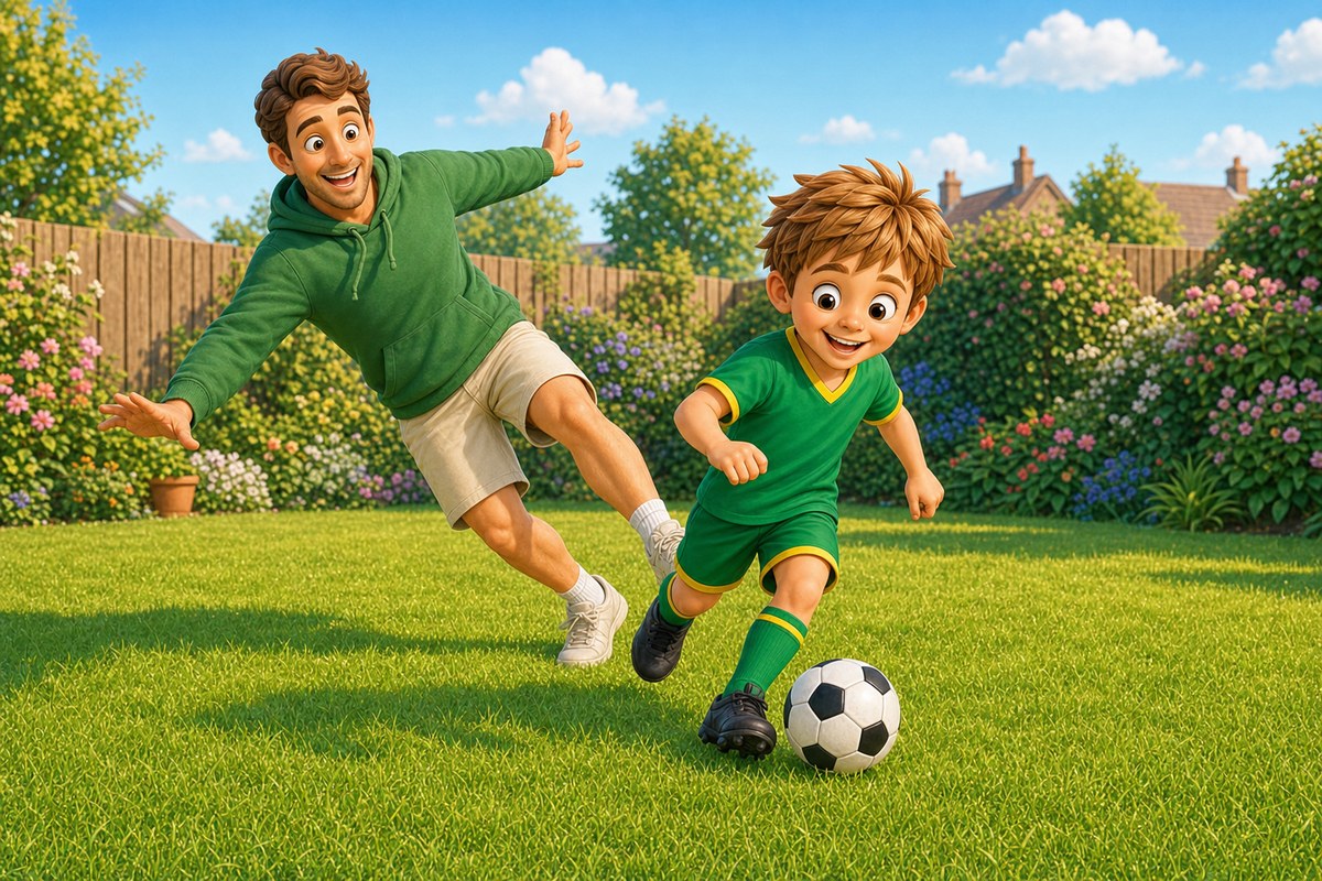 Cartoon boy dribbling confidently past his dad in a relaxed 1v1 moment, Dad deliberately off-balance and both laughing