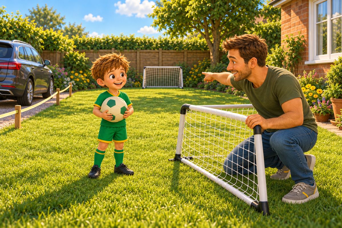 A dad and a boy set up a small folding goal on a lawn so it faces a wooden fence, with a soft foam ball in the boy's hands and a car parked well away at the side of the garden.