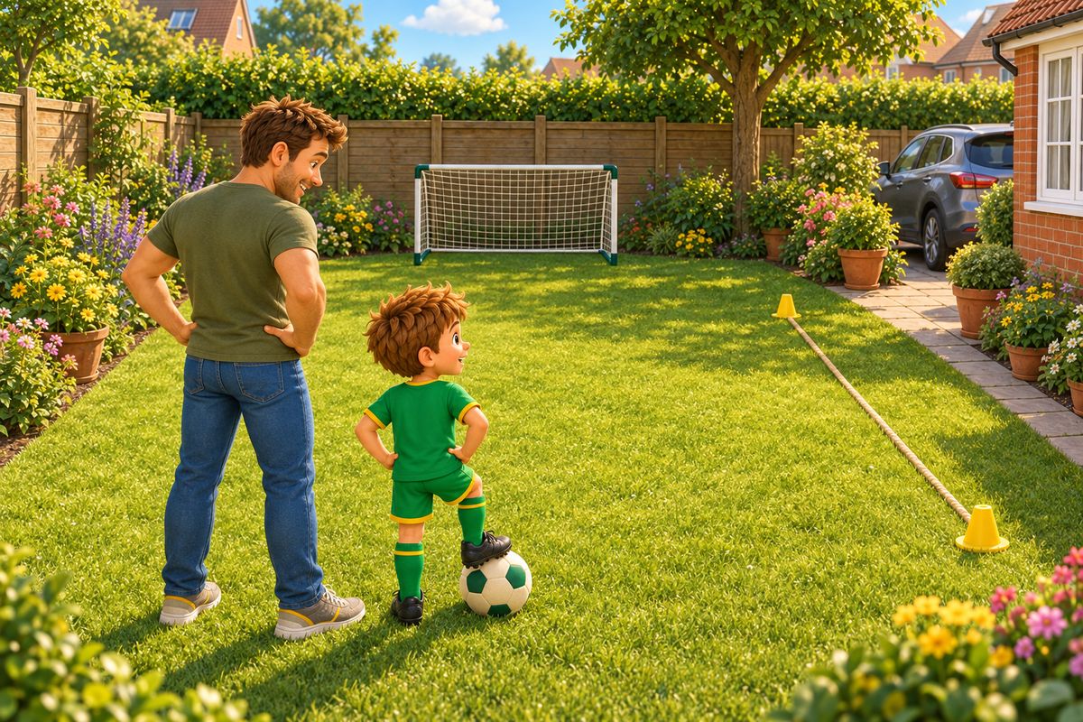A high-angle view of a small garden: a goal against the far fence, a rope line marking the house side, and a car and a window sitting behind and beside the play space while a dad and boy stand at the shooter's spot.