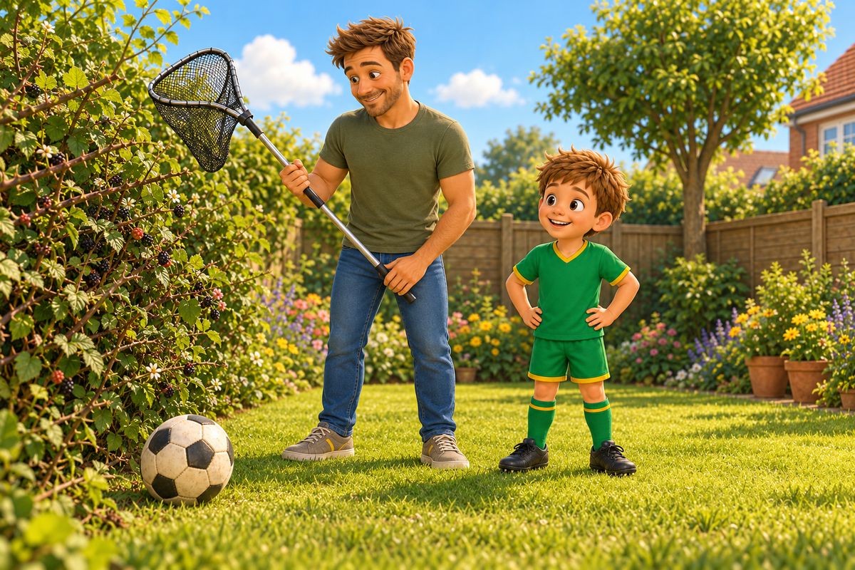 A dad holding a long-handled garden net and a boy stand on a lawn beside a thorny hedge, looking at a scuffed ball on the grass with rueful smiles.