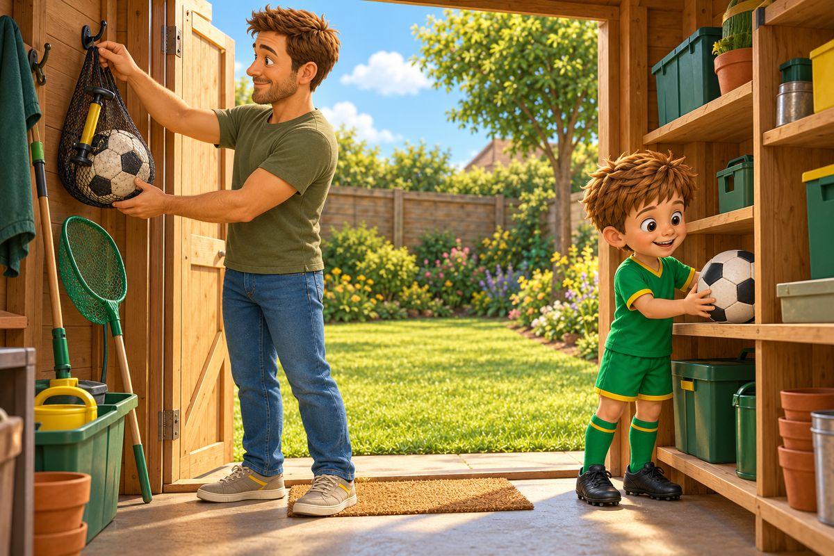 A dad hangs a mesh bag with a worn ball and a pump on a hook in a garden shed while a boy places a second ball on a shelf, a long-handled net leaning on the wall.