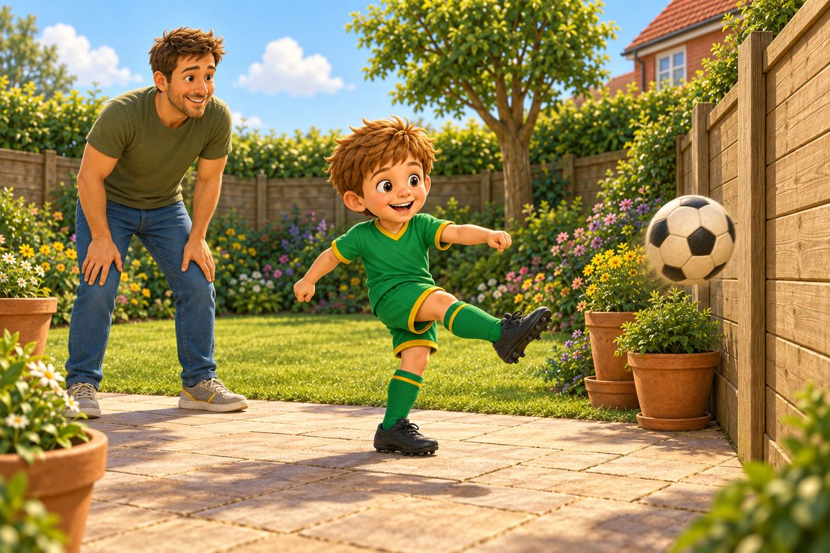 A boy striking a football at a garden fence while a dad watches from a few steps away.