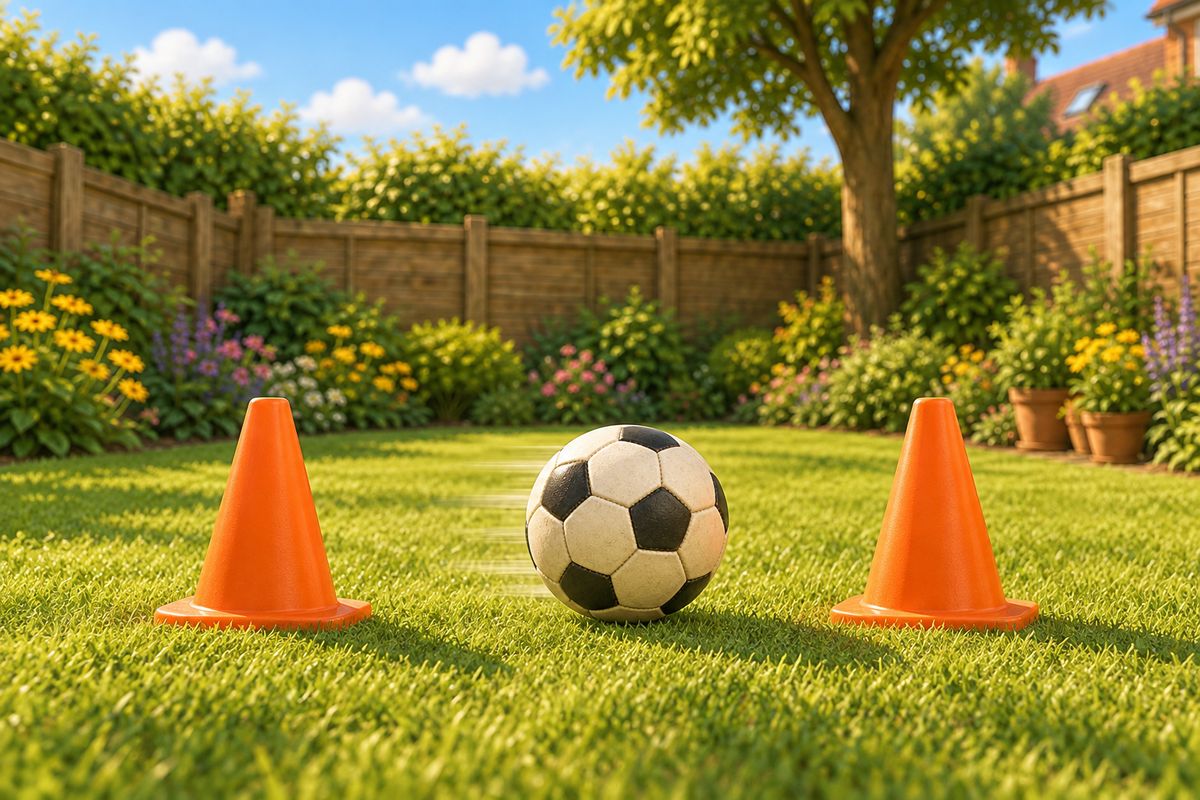 A simple gate made from two orange training cones on grass, with a football rolling through it.