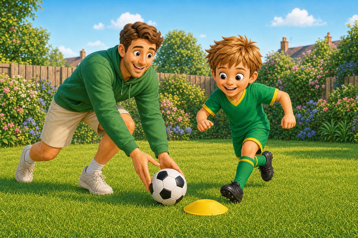 Dad and boy resetting a football beside a yellow cone together, both leaning forward mid-motion