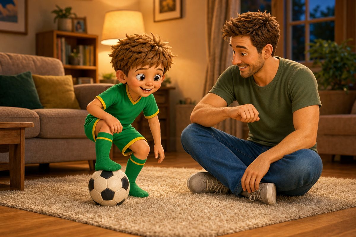 A boy in socks gently rolling a football under his foot on a rug in a cleared corner of a UK living room, dad sitting nearby timing the quiet session