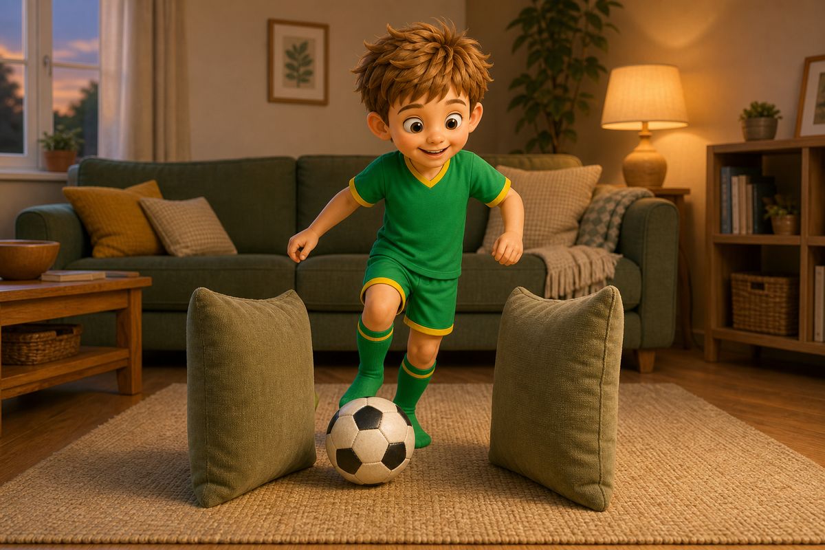A boy in socks dribbling a football through a household gate made from two sofa cushions on a living room rug, no cones or bought equipment in sight