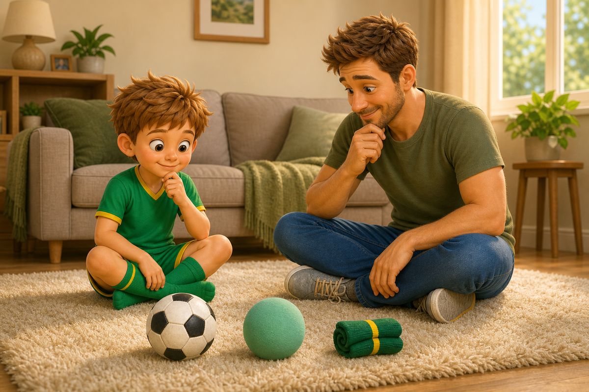 A boy and his dad sitting on a living room rug with several quiet indoor football options laid out between them: a normal football, a foam ball and a rolled-up pair of socks