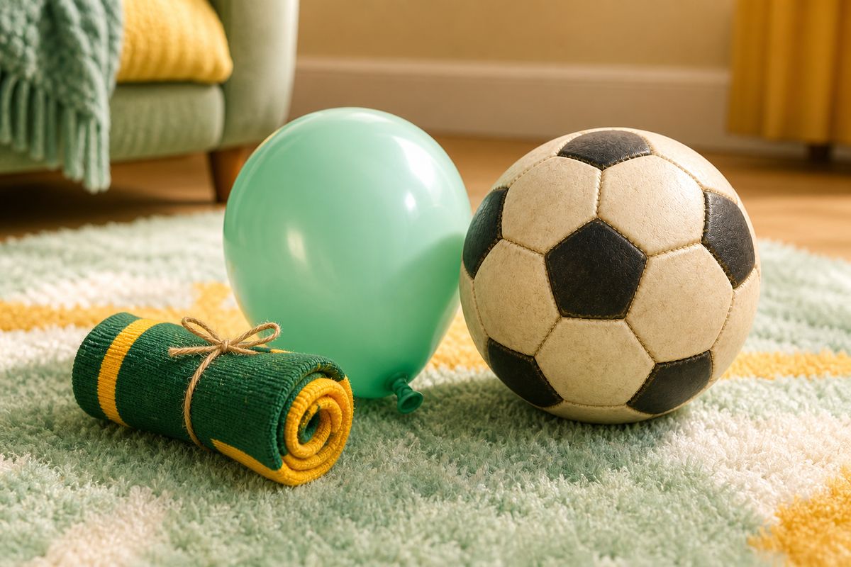 A rolled-up pair of socks and a balloon sitting on a rug next to a normal football, showing free household alternatives to a bought quiet ball
