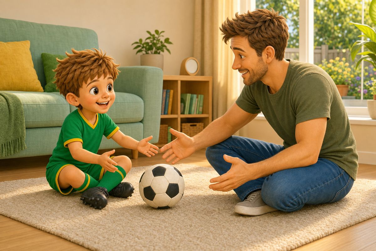 Cartoon dad and boy mid-warm-up rolling a soft football back and forth on a rug in a living room, a small clock or timer visible nearby