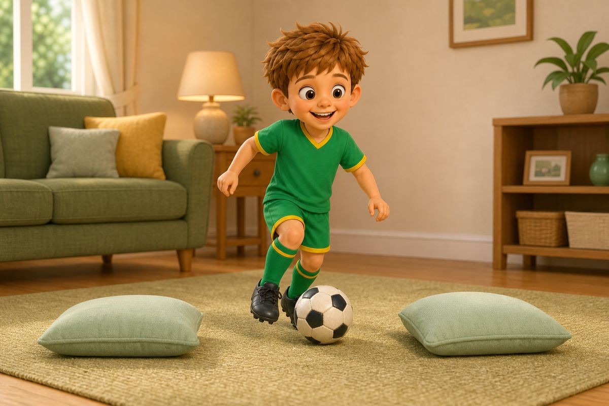 Cartoon boy dribbling a soft football through a two-cushion gate in a living room mid-routine