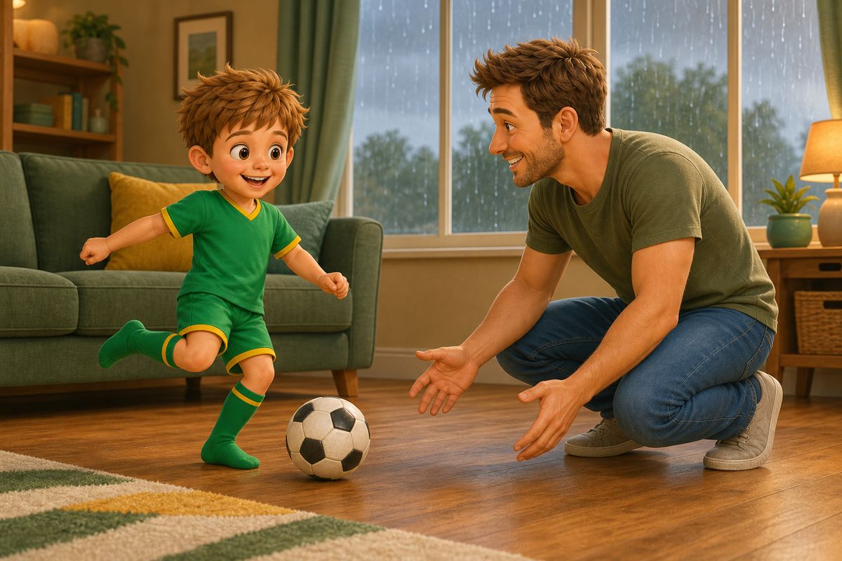 A boy and his dad grinning mid-kick with a soft football in a UK living room, rain streaking the window behind them, both playing exactly as cheerfully as they would outside