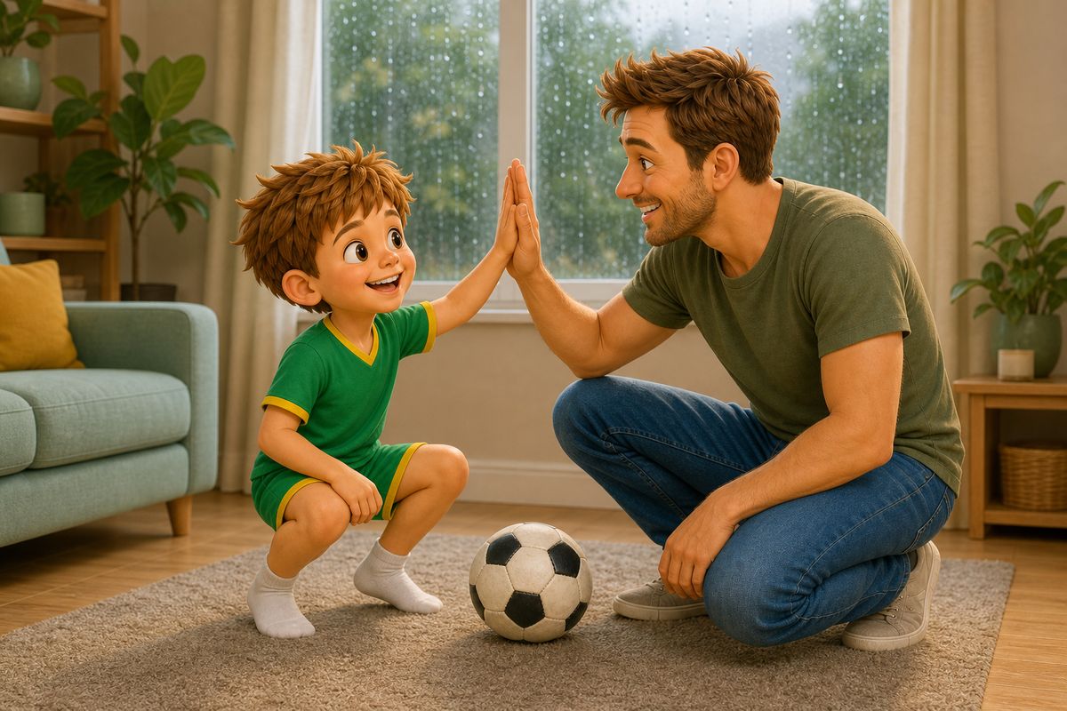 A dad and boy sharing a quick high five over a soft football in a living room, rain visible through a window, both looking pleased rather than rushed