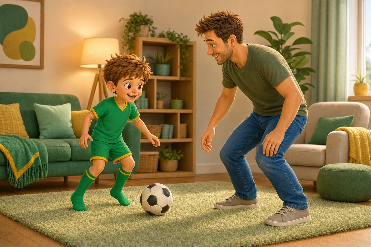 Cartoon dad and boy playing football on socked feet in a cosy flat living room, calm and gentle, walking pace