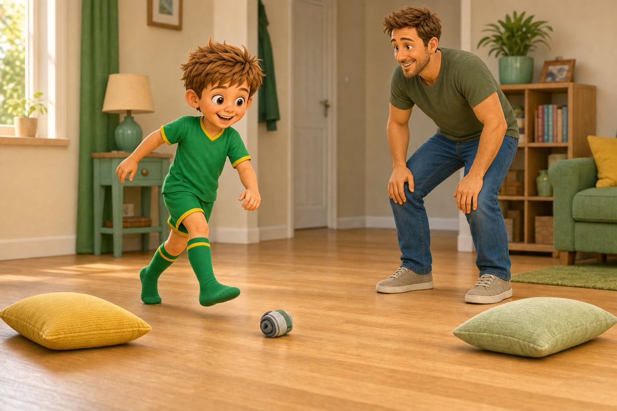 Cartoon boy rolling a rolled-up sock ball between two cushions set up as soft targets in a hallway