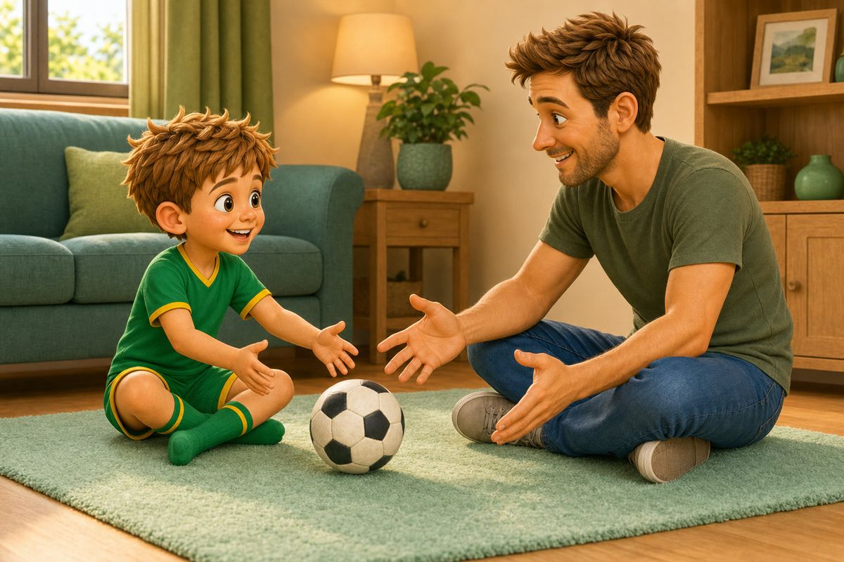 Cartoon dad and boy sitting close together on a living room floor gently rolling a soft ball between them