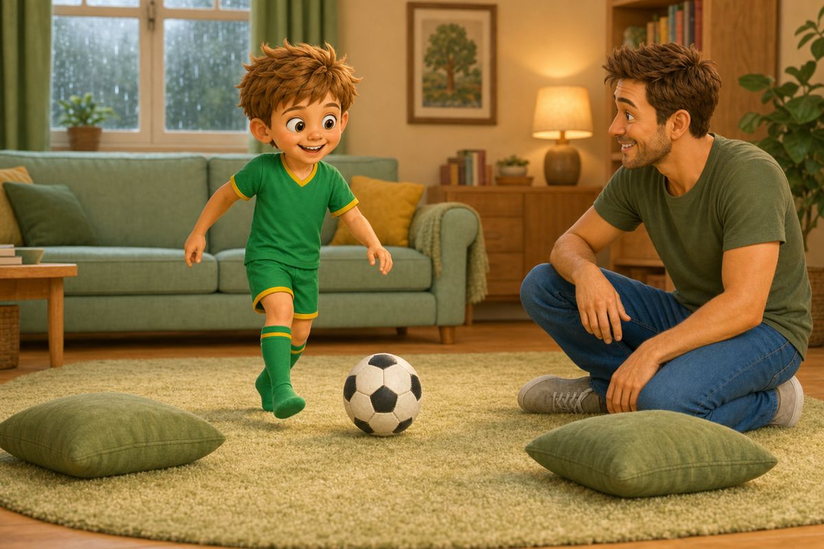 Cartoon boy rolling a soft ball through a wide gate made of two cushions a stride away, dad close by