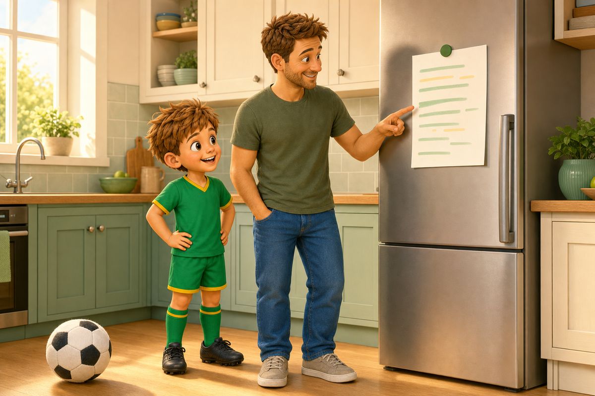 Cartoon dad and boy looking at a simple one-page football plan stuck to a kitchen fridge with a magnet