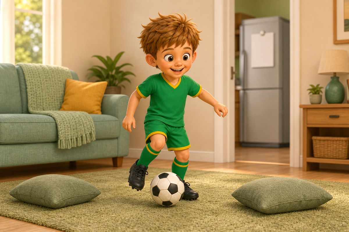 Cartoon boy dribbling a soft ball through two cushions set up as a gate in a living room, close up on the fridge plan in the background