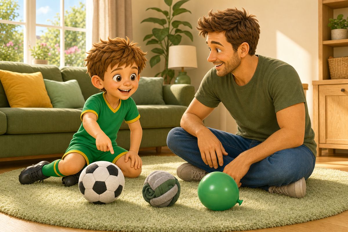 Cartoon dad and boy sitting on a living room floor with several different soft balls lined up between them, comparing them