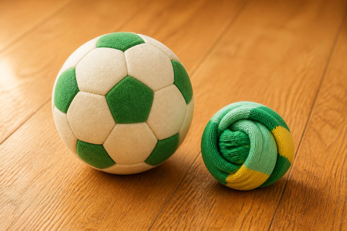 Close-up cartoon still-life of a foam football next to a rolled-up sock ball on a wooden floor
