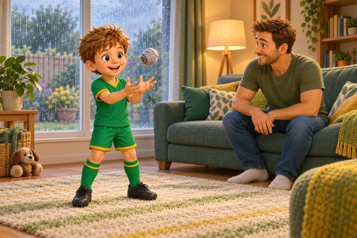 A boy tossing and catching a rolled-up sock ball in a cosy living room while rain streaks a window behind him.