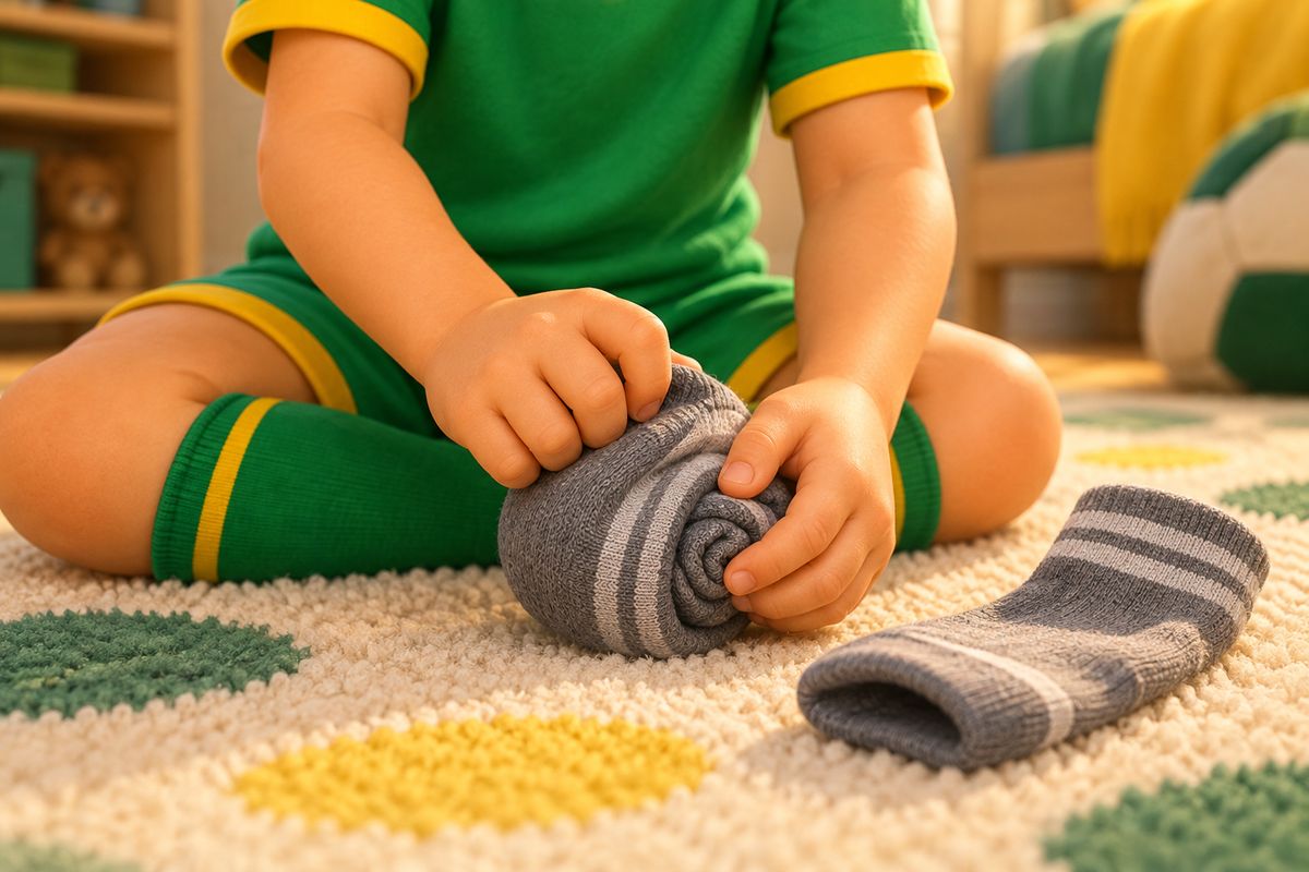 A close-up of hands rolling a pair of socks into a tight ball shape.