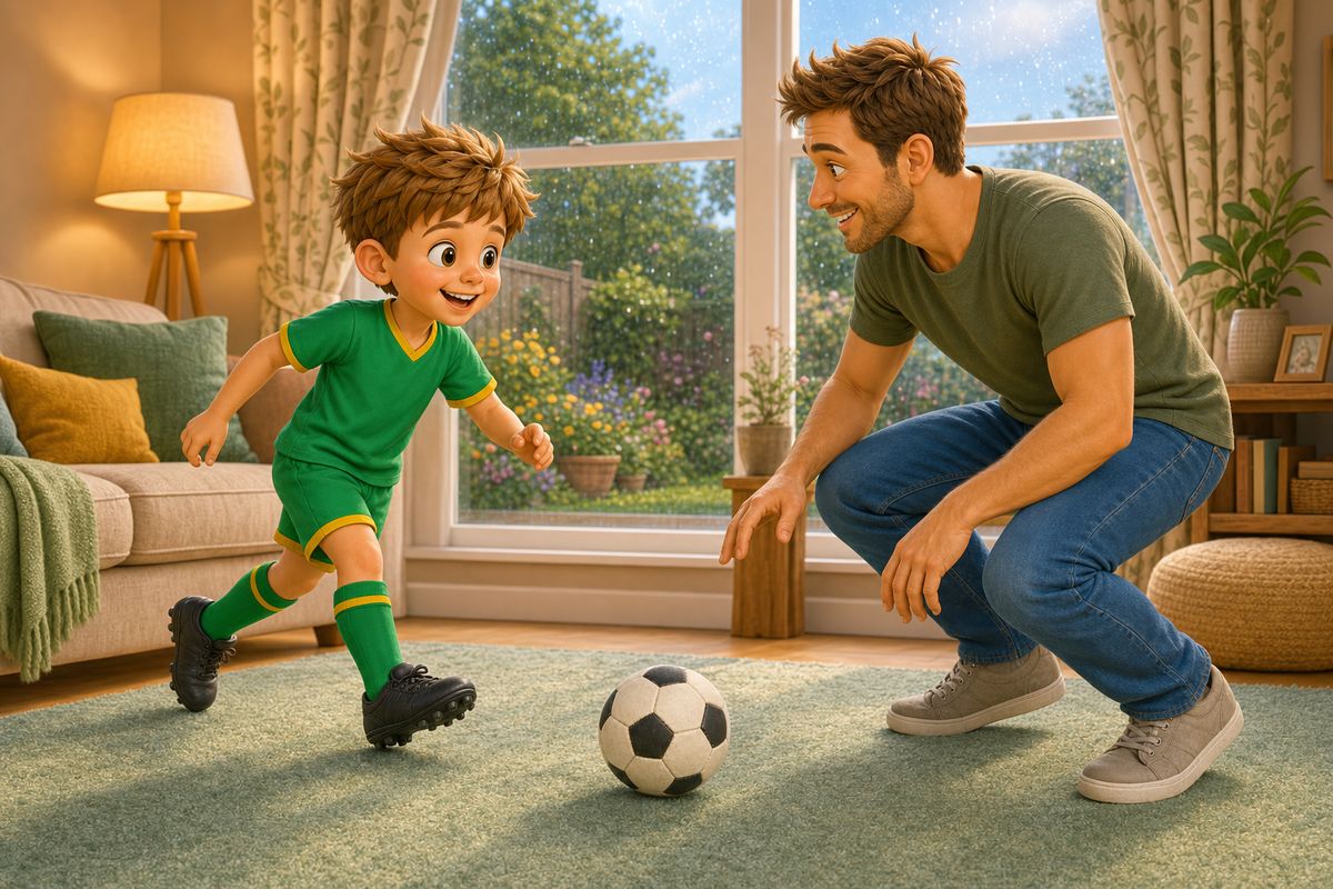 Cartoon dad and boy playing gentle football with a soft ball in a UK living room, rain visible on a window behind them