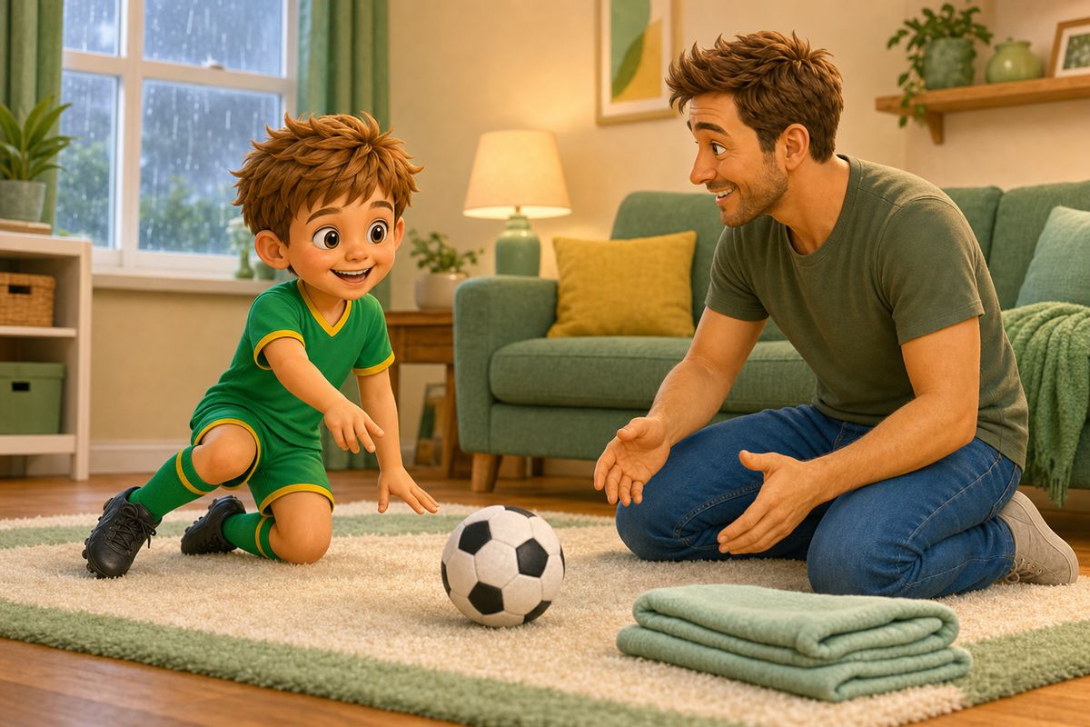 Cartoon boy gently rolling a soft foam football across a living room rug toward his dad, walking pace, no running