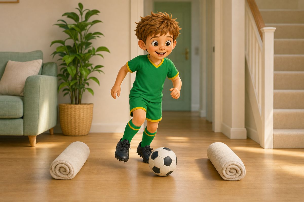Cartoon boy dribbling a soft ball through a gate made of two cushions in a hallway