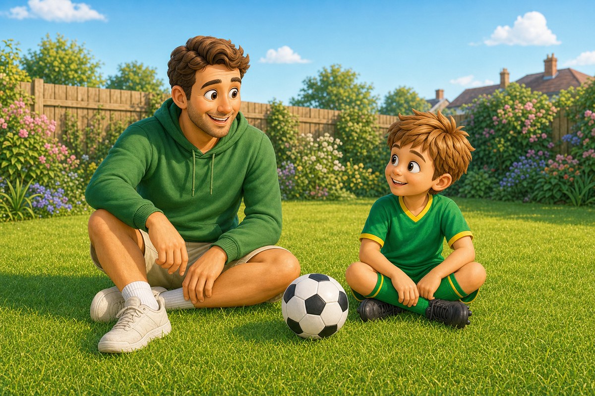 Dad and boy sitting comfortably on the grass with a football resting between them, relaxed and unhurried