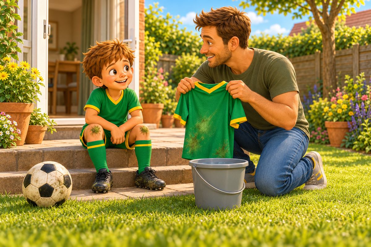 A boy with grass-stained knees sits on a back step while his dad holds a green kit over a bucket of cold water, both smiling.